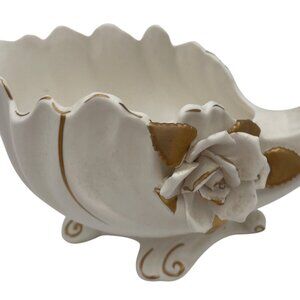 Vintage White Ceramic Bowl Vase W/ Gold Trim Rose Detailing READ